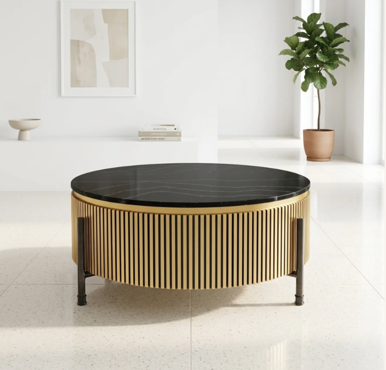 Palace Round Gold and Black Sintered Stone Center Table - CT09